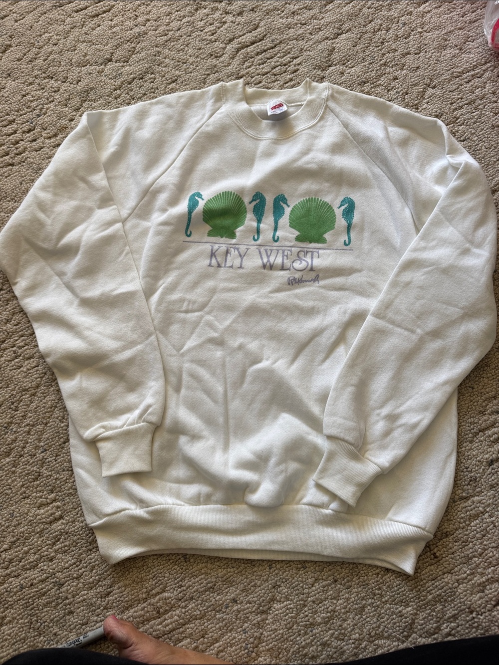 Jerzees Cream Crewneck Sweatshirt with Green Seaside Graphic